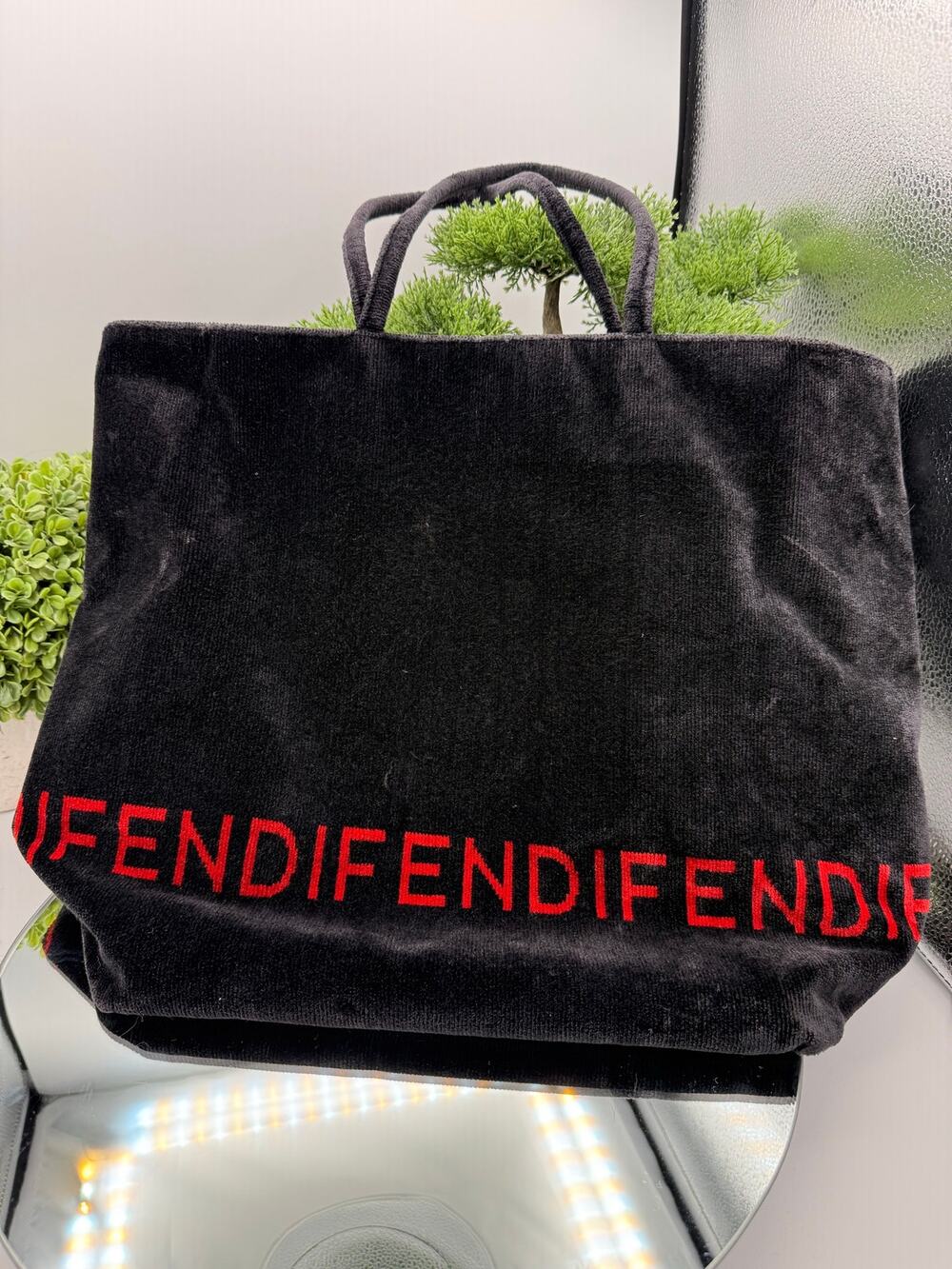 Vintage FENDI Black Corduroy Red Logo Tote Bag Shoulder Bag Y2K